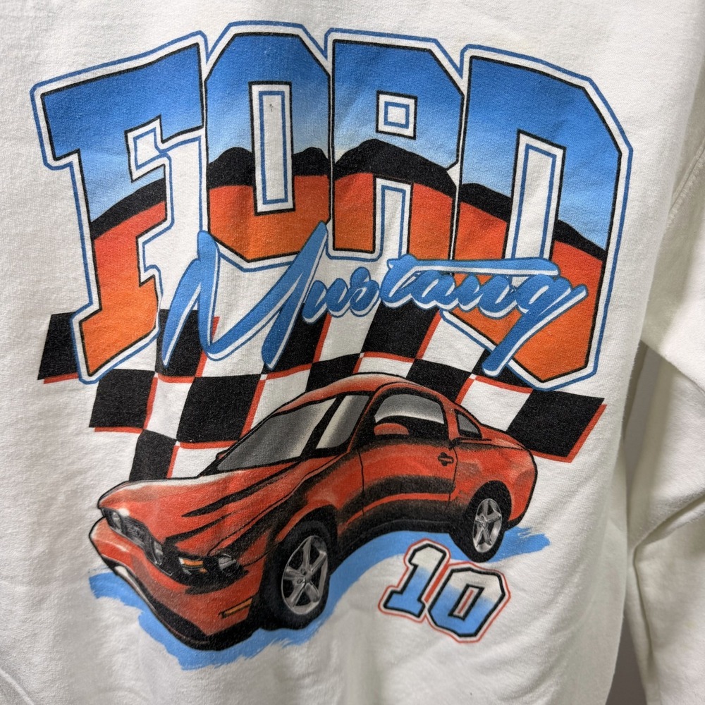 Ford Mustang Sweatshirt Mens Medium White Graphic Cotton Fleece Lined Pullover